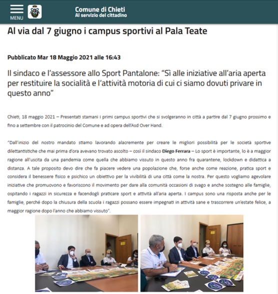 Articolo del comune di Chieti "Al via dal 7 giugno i campus sportivi al Pala Teate"